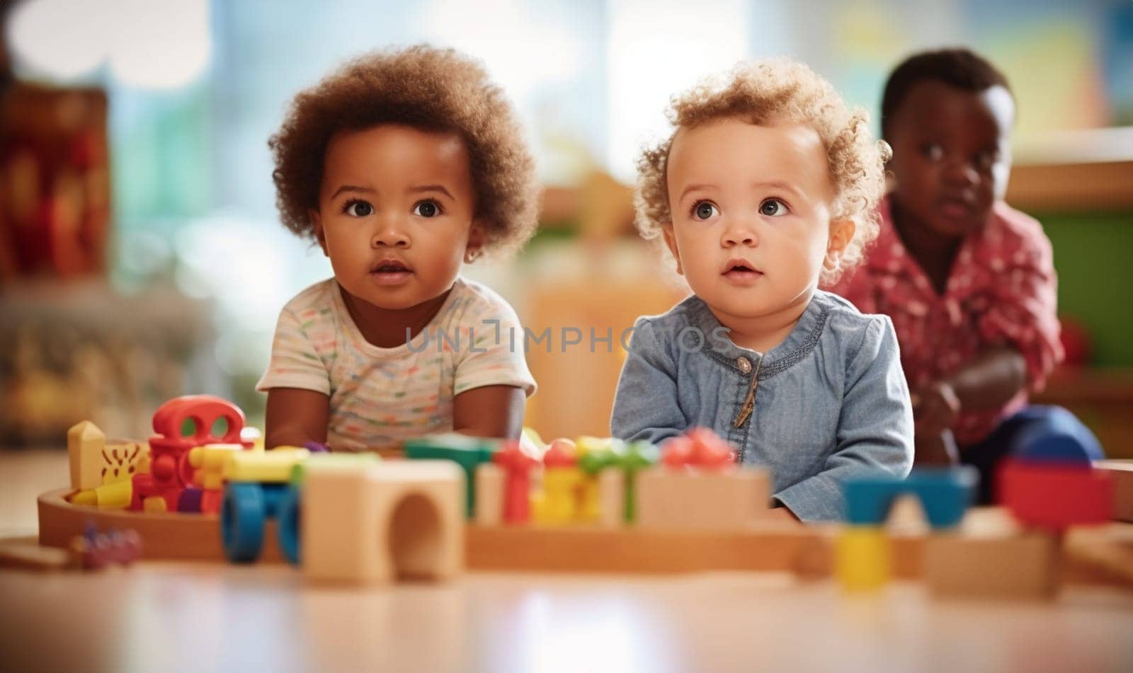 multicultural daycare center with African American toddler babies. Group of workers with babies in nursery or kindergarten playful. by Annebel146