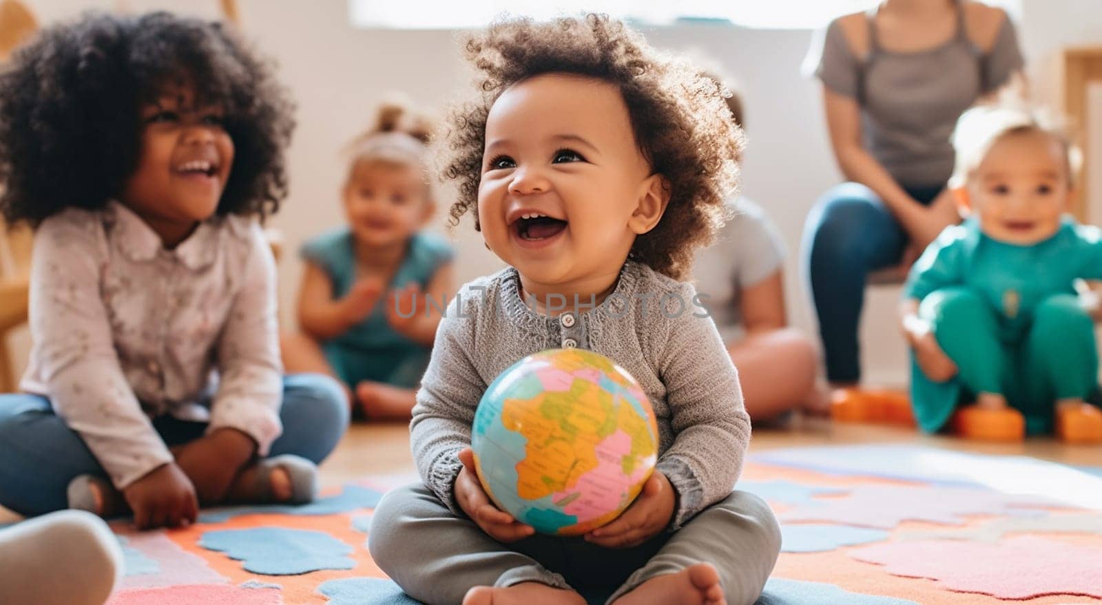 multicultural daycare center with African American toddler babies. Group of workers with babies in nursery or kindergarten playful. copy space