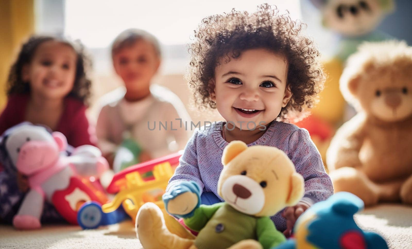 multicultural daycare center with African American toddler babies. Group of workers with babies in nursery or kindergarten playful. by Annebel146