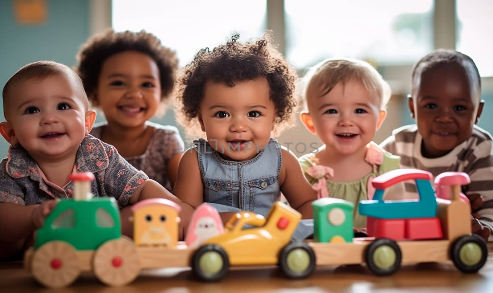 multicultural daycare center with African American toddler babies. Group of workers with babies in nursery or kindergarten playful. by Annebel146