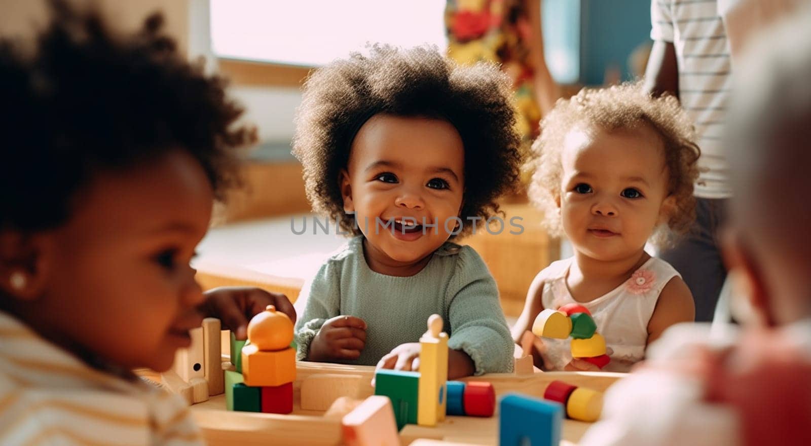 multicultural daycare center with African American toddler babies. Group of workers with babies in nursery or kindergarten playful. by Annebel146