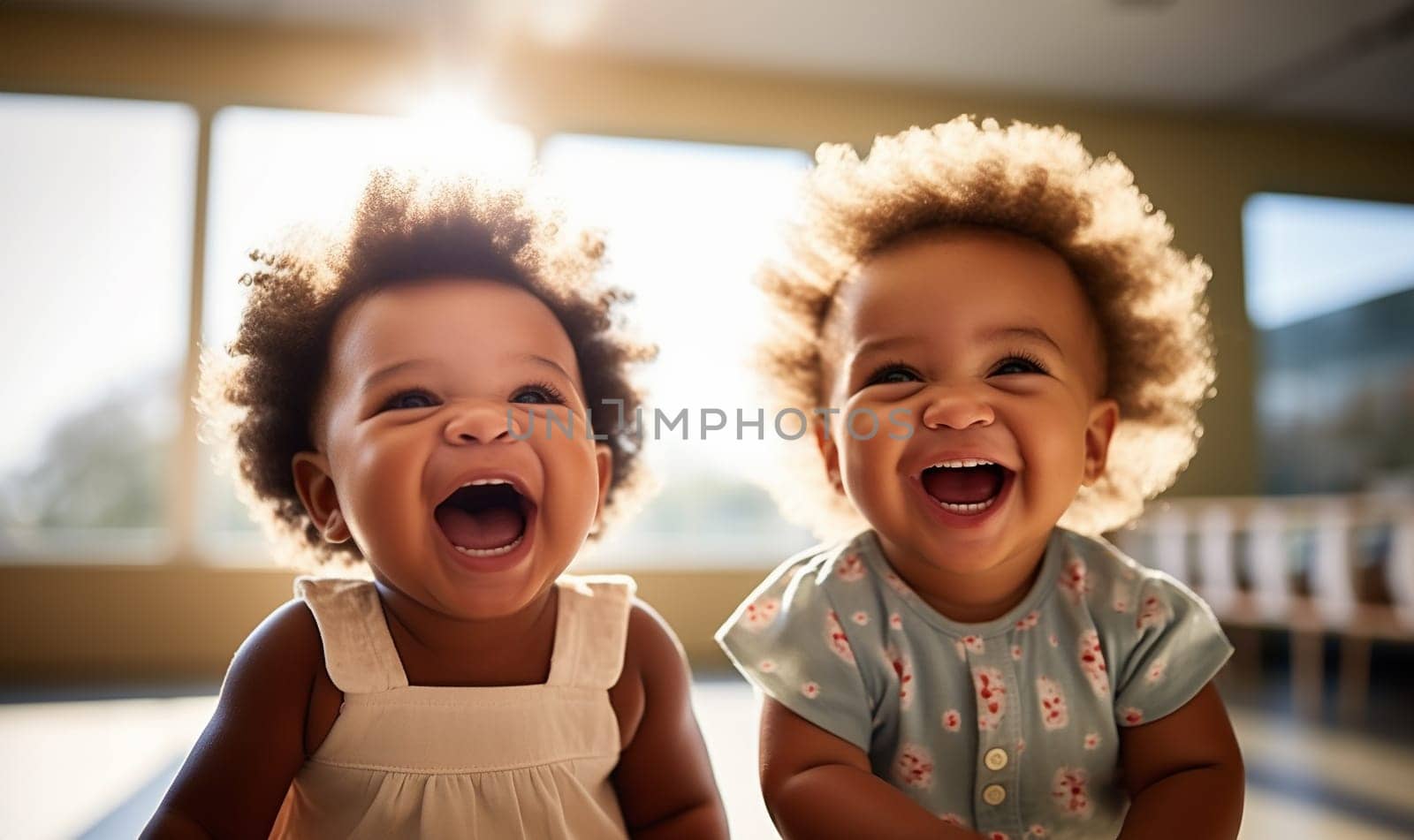 multicultural daycare center with African American toddler babies. Group of workers with babies in nursery or kindergarten playful. by Annebel146