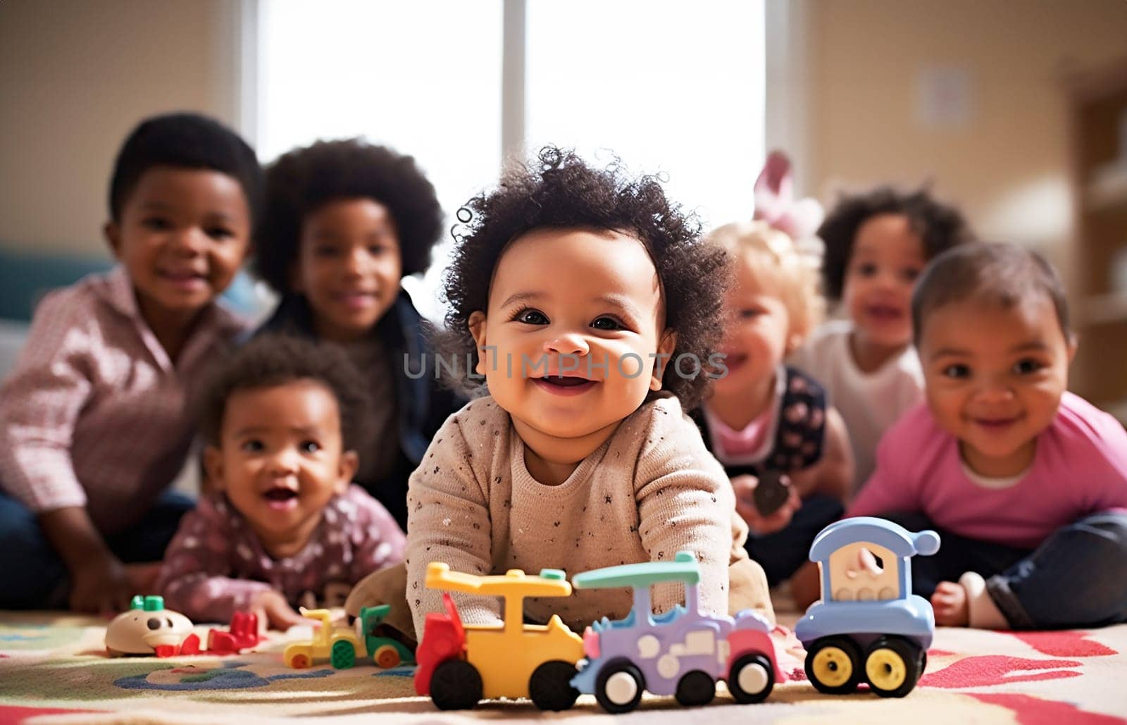 multicultural daycare center with African American toddler babies. Group of workers with babies in nursery or kindergarten playful. by Annebel146
