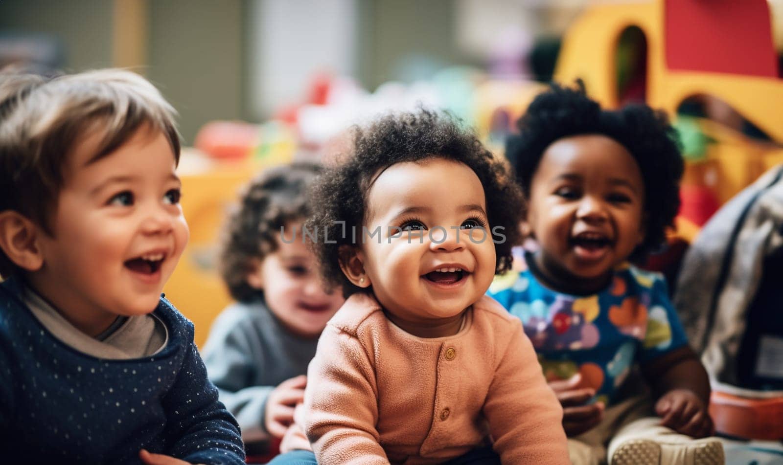 multicultural daycare center with African American toddler babies. Group of workers with babies in nursery or kindergarten playful. by Annebel146