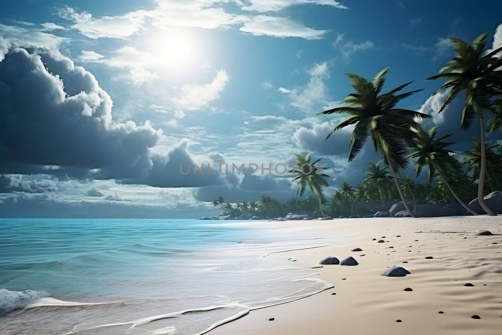 tropical beach view with white sand, turquoise water and palm tree at sunny day with incoming storm clouds. Neural network generated image. Not based on any actual scene or pattern.