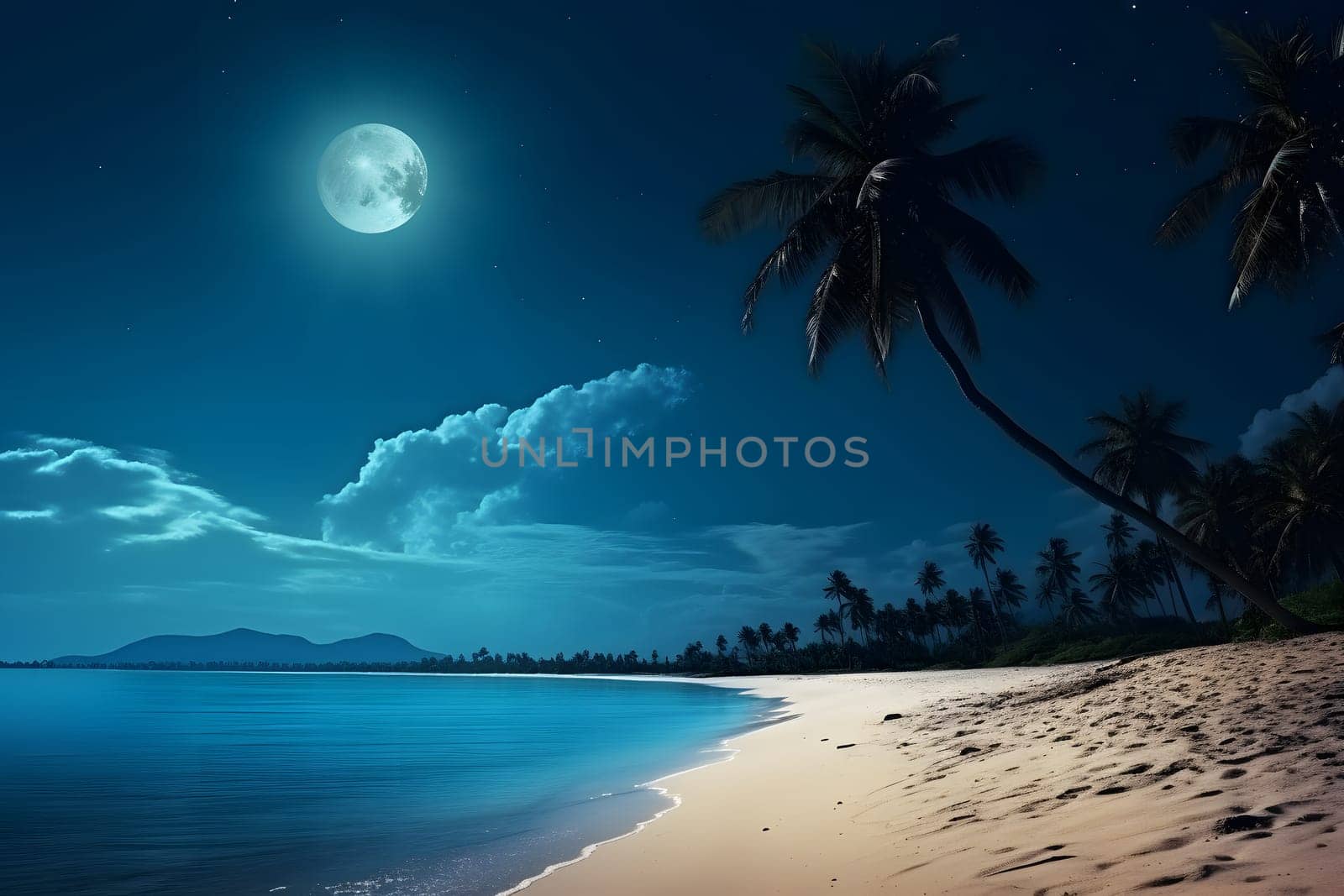 tropical beach view with white sand, turquoise water and palm tree at full moon night. Neural network generated photorealistic image. Not based on any actual scene or pattern.
