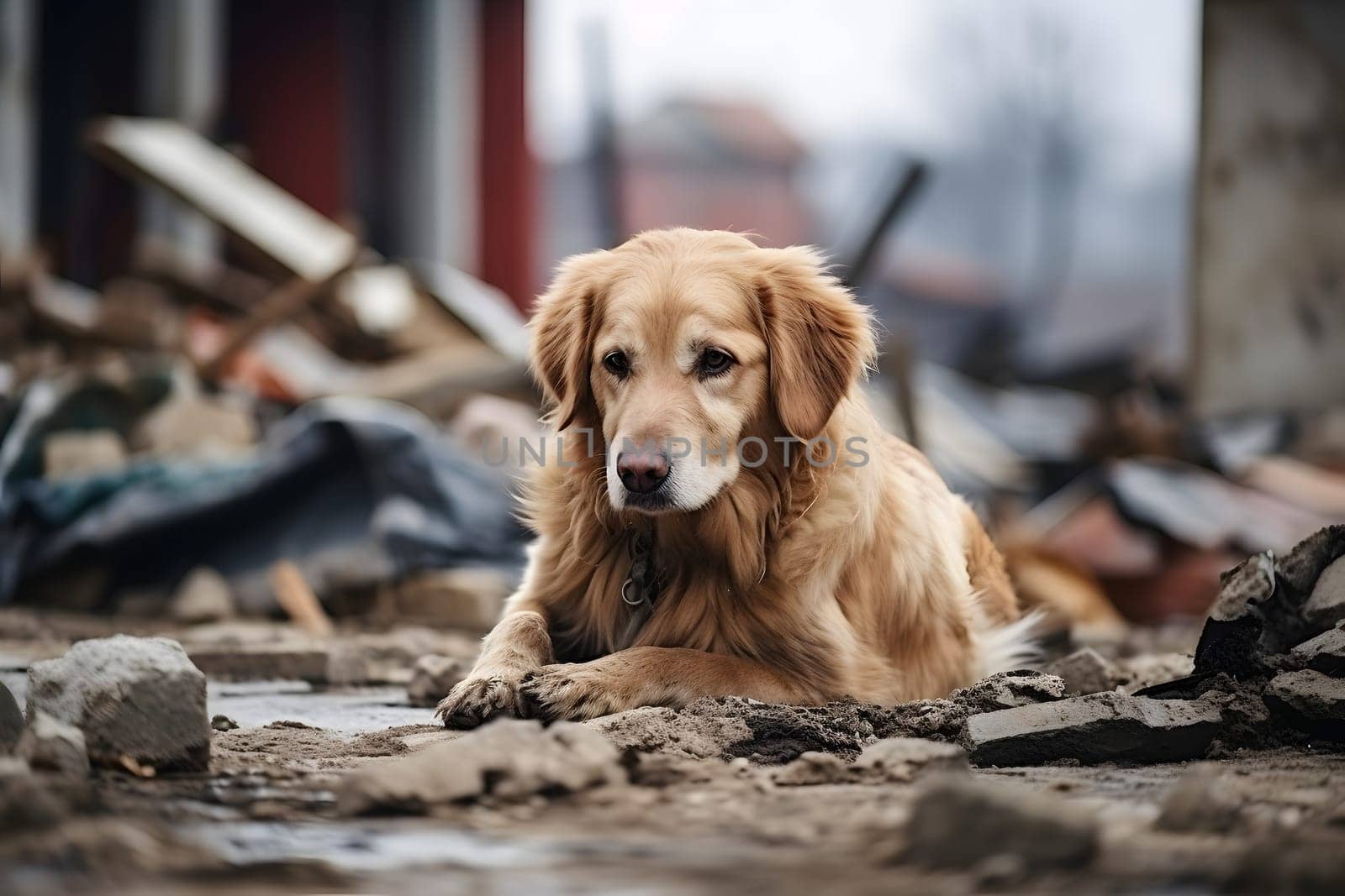 Alone wet dirty Golden Retriever after disaster on the background of house rubble. Neural network generated image. Not based on any actual scene.