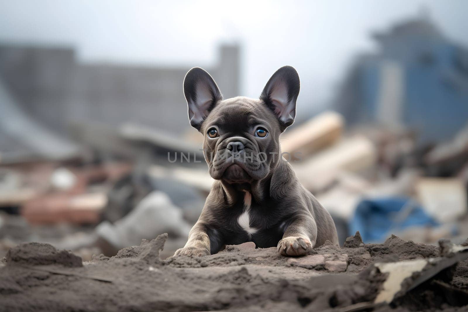 Alone and hungry young French Bulldog after disaster on the background of house rubble. Neural network generated image. Not based on any actual scene.