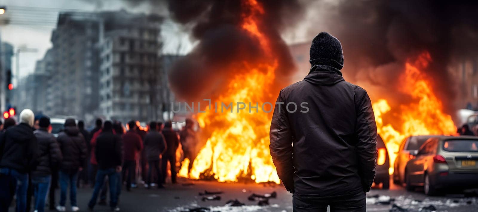 street riot in city with protestors and burning cars, neural network generated photorealistic image by z1b