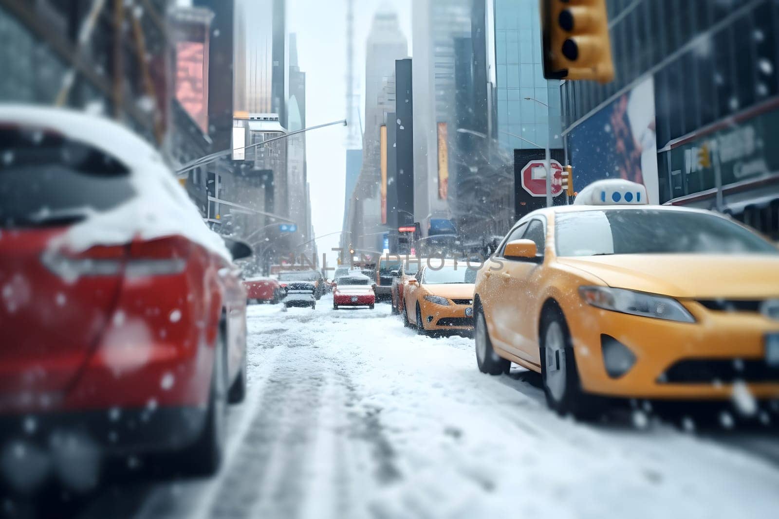 American downtown street view at snowy winter day, neural network generated image by z1b