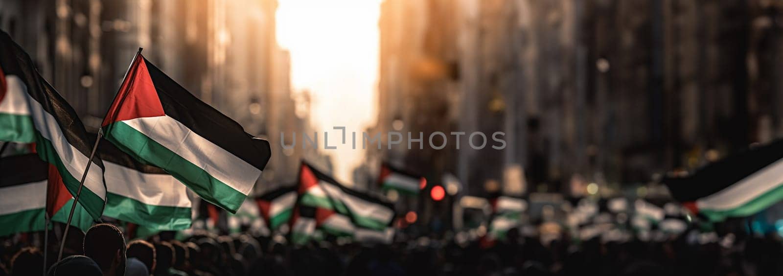 Palestinian Freedom Protest. Conflict and war concept. Palestina vs Israel. People of Palestina raising Flags in the city Copy space Space for text