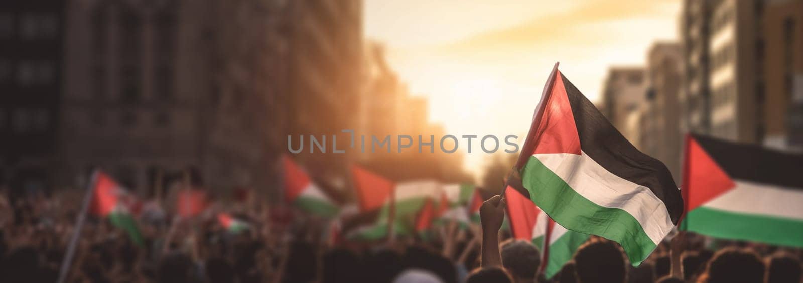 Palestinian Freedom Protest. Conflict and war concept. Palestina vs Israel. People of Palestina raising Flags in the city Copy space Space for text