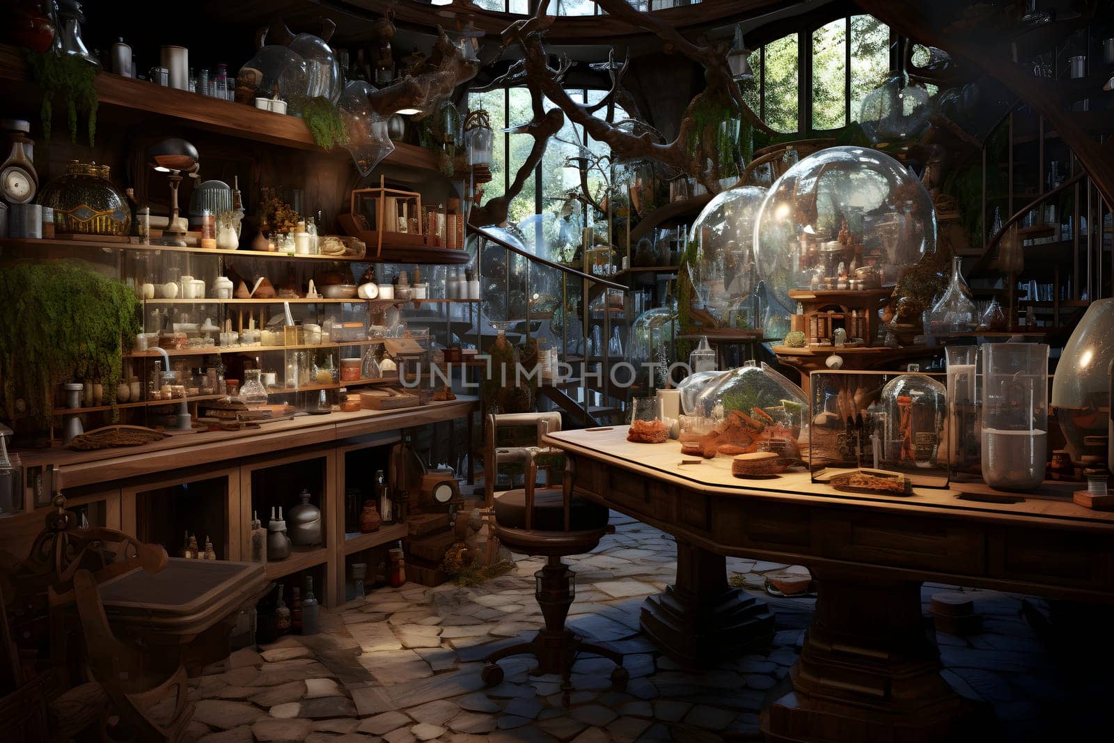 Fantastic medieval alchemy laboratory. Neural network generated image by z1b