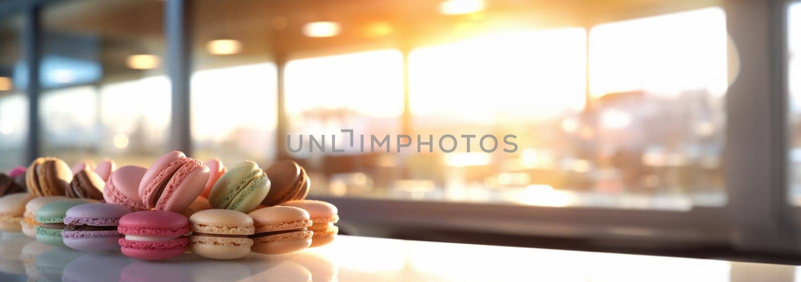 Pastry shop with macaroons Cakes in the store. Banner. Different color varieties of Macaroon on the counter behind the glass. Copy space. Colorful sweets Copy space