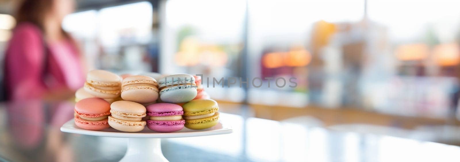 Pastry shop with macaroons Cakes in the store. Banner. Different color varieties of Macaroon on the counter behind the glass. Copy space. Colorful sweets Copy space