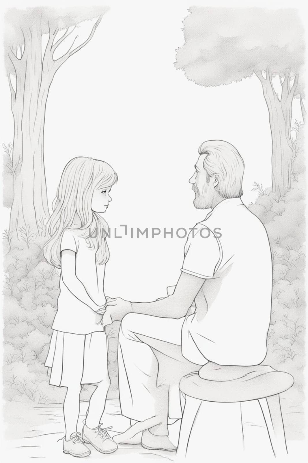 girl talking to father coloring book white background illustration