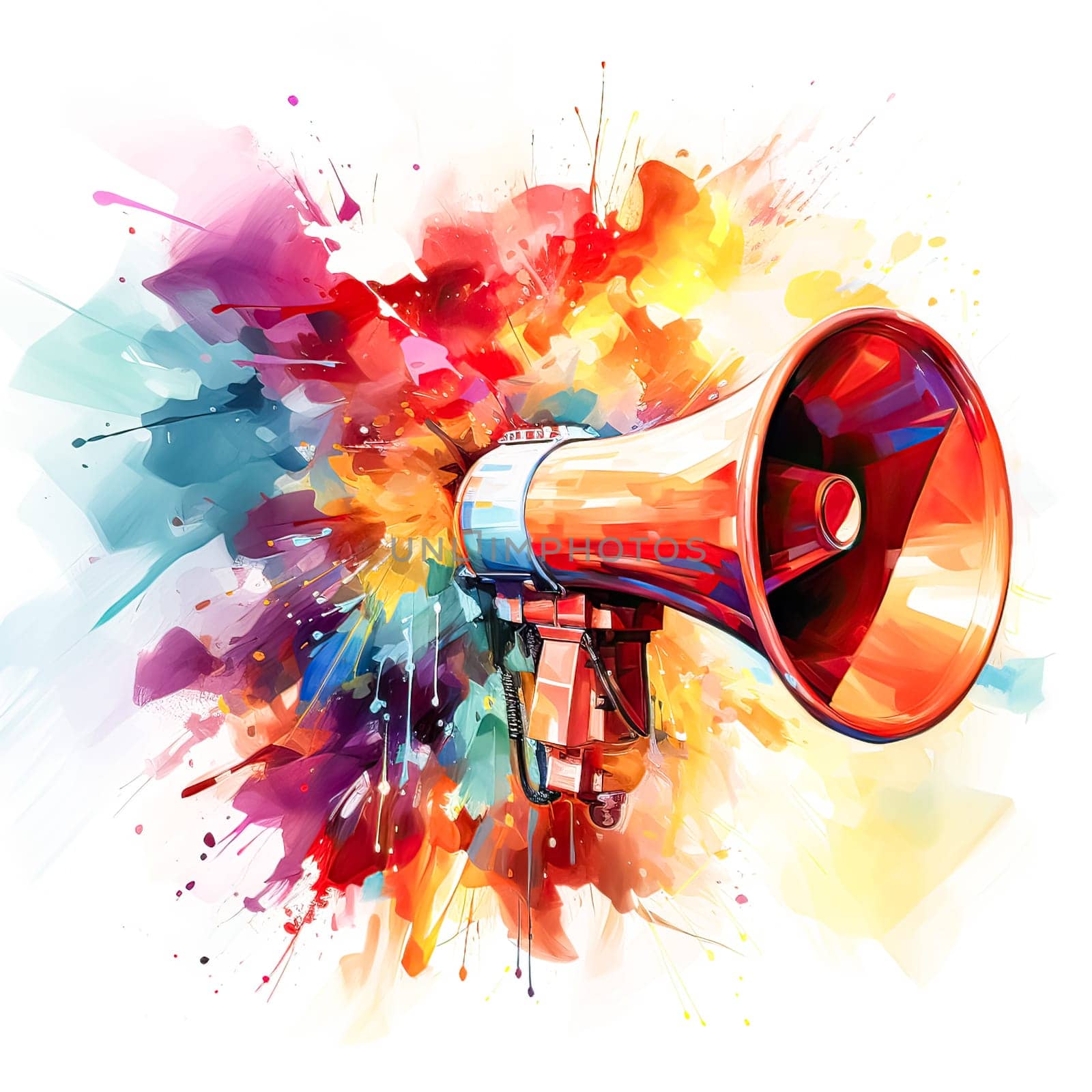 Amplify Your Message, A vibrant watercolor portrayal of a megaphone, a symbol of vocal influence