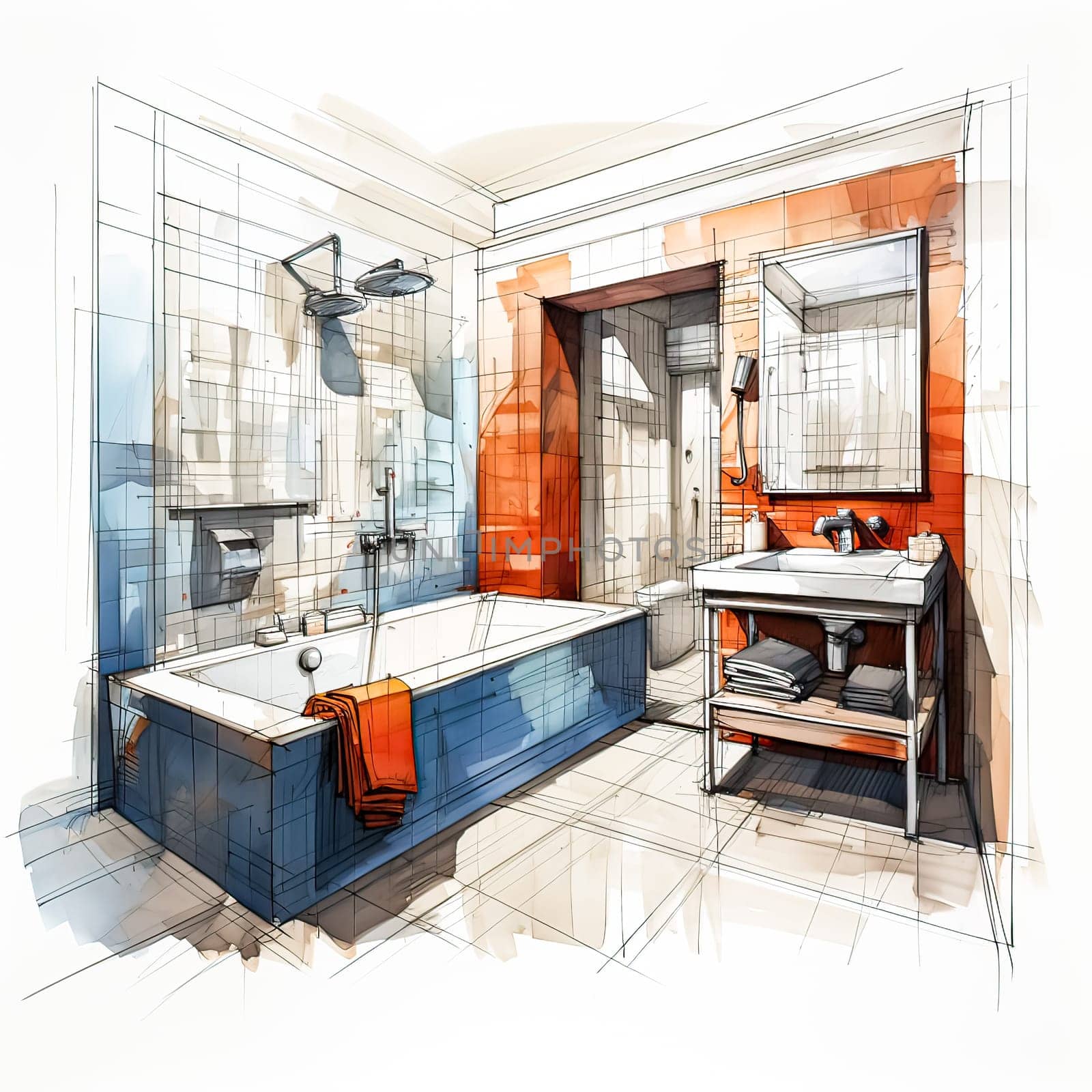 Watercolor Bath Beauty, A sketch reveals the allure of a modern bathroom, fusing design with artistic expression