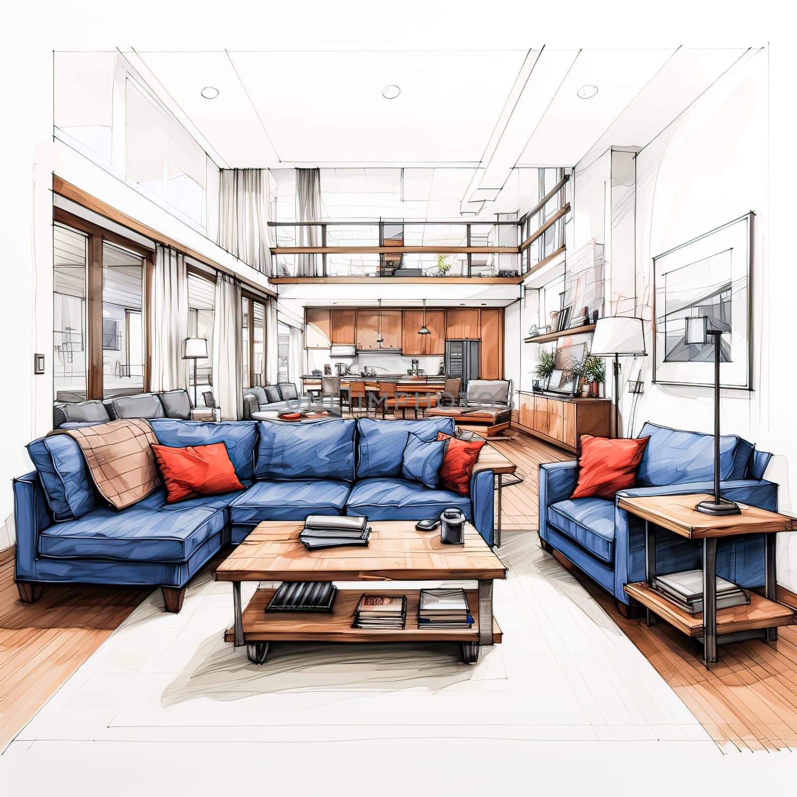 Artistic Living Elegance, Watercolor sketch captures an American modern style living room's interior design
