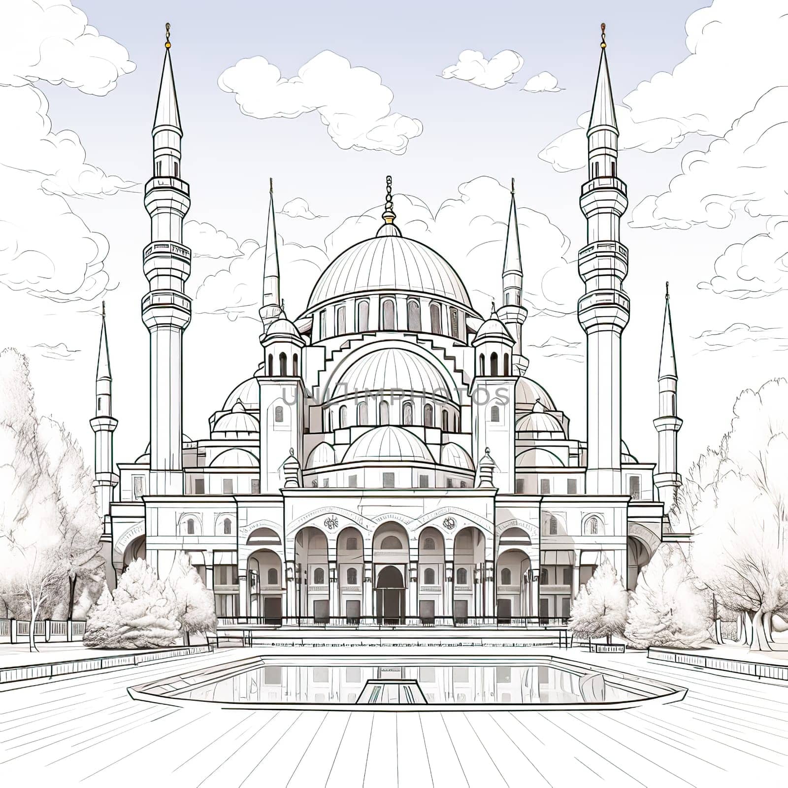 Turkish Treasure, Watercolor liner sketch of an ancient temple in Turkish style, a testament to architectural beauty