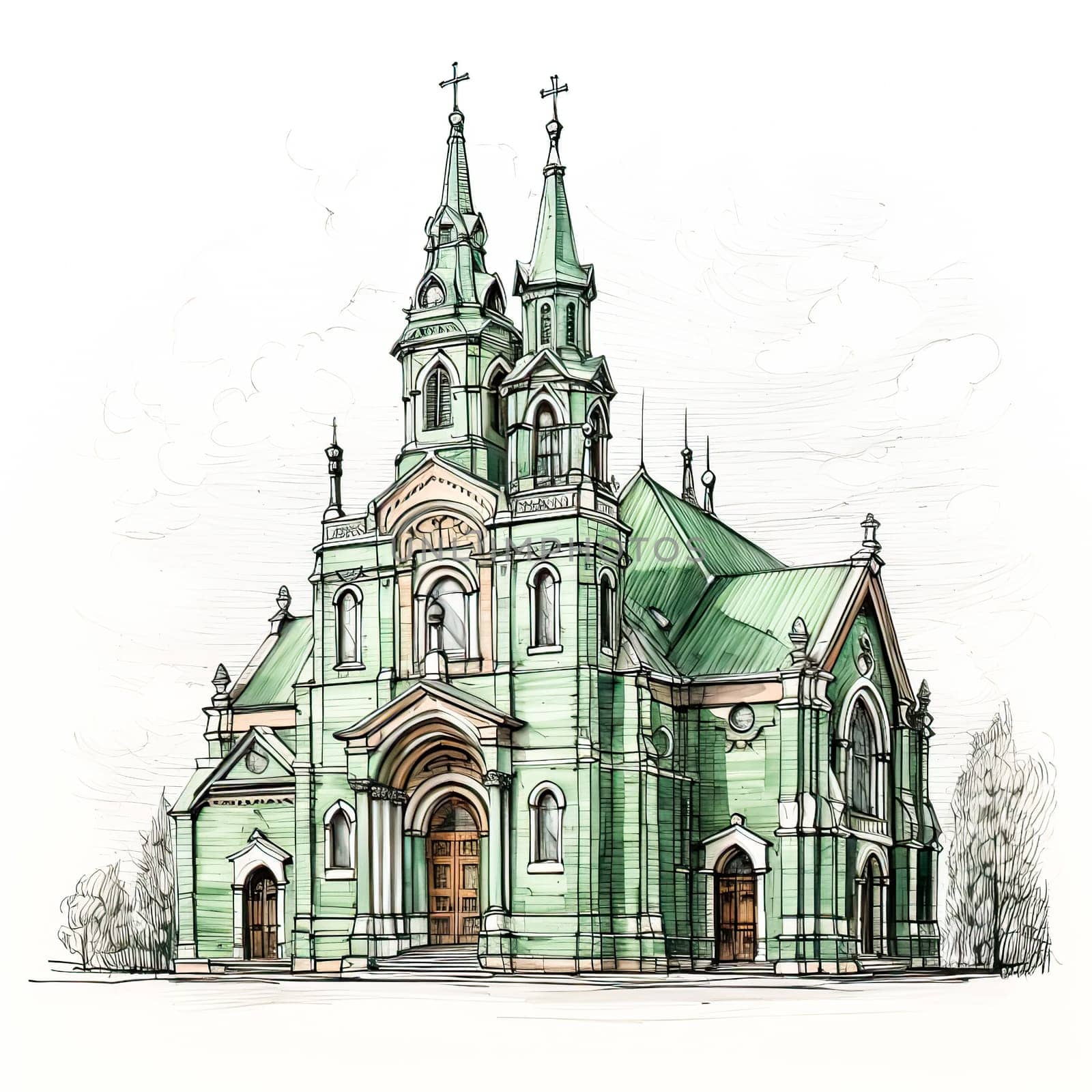 Watercolor sketch of a church liner in serene green, celebrating architectural design with artistic flair by Alla_Morozova93