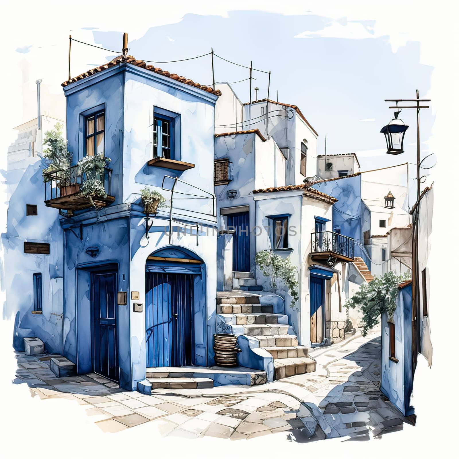 Watercolor sketches of beautiful Moroccan houses with vibrant plant lined streets in a picturesque setting by Alla_Morozova93