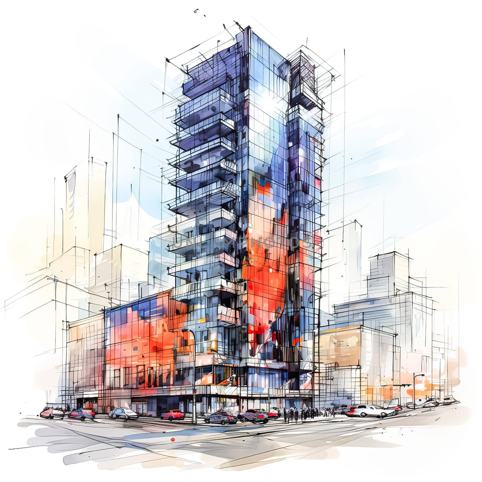 Sketching Modern Heights, Watercolor artwork showcases Art Nouveau style skyscrapers, a fusion of design and creativity.