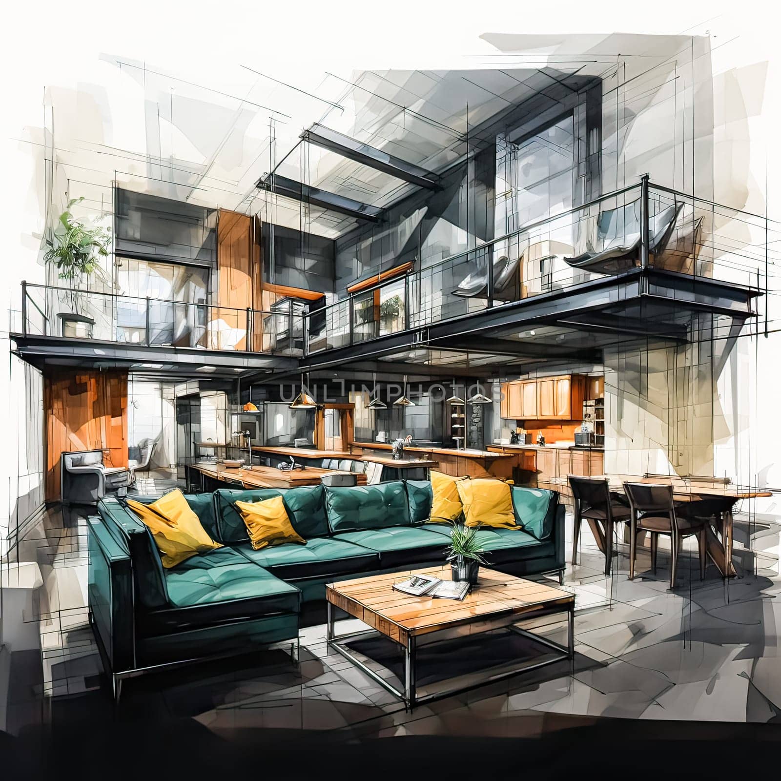 Loft Dreamscape, Watercolor art captures the chic design of a loft style apartment in vibrant hues