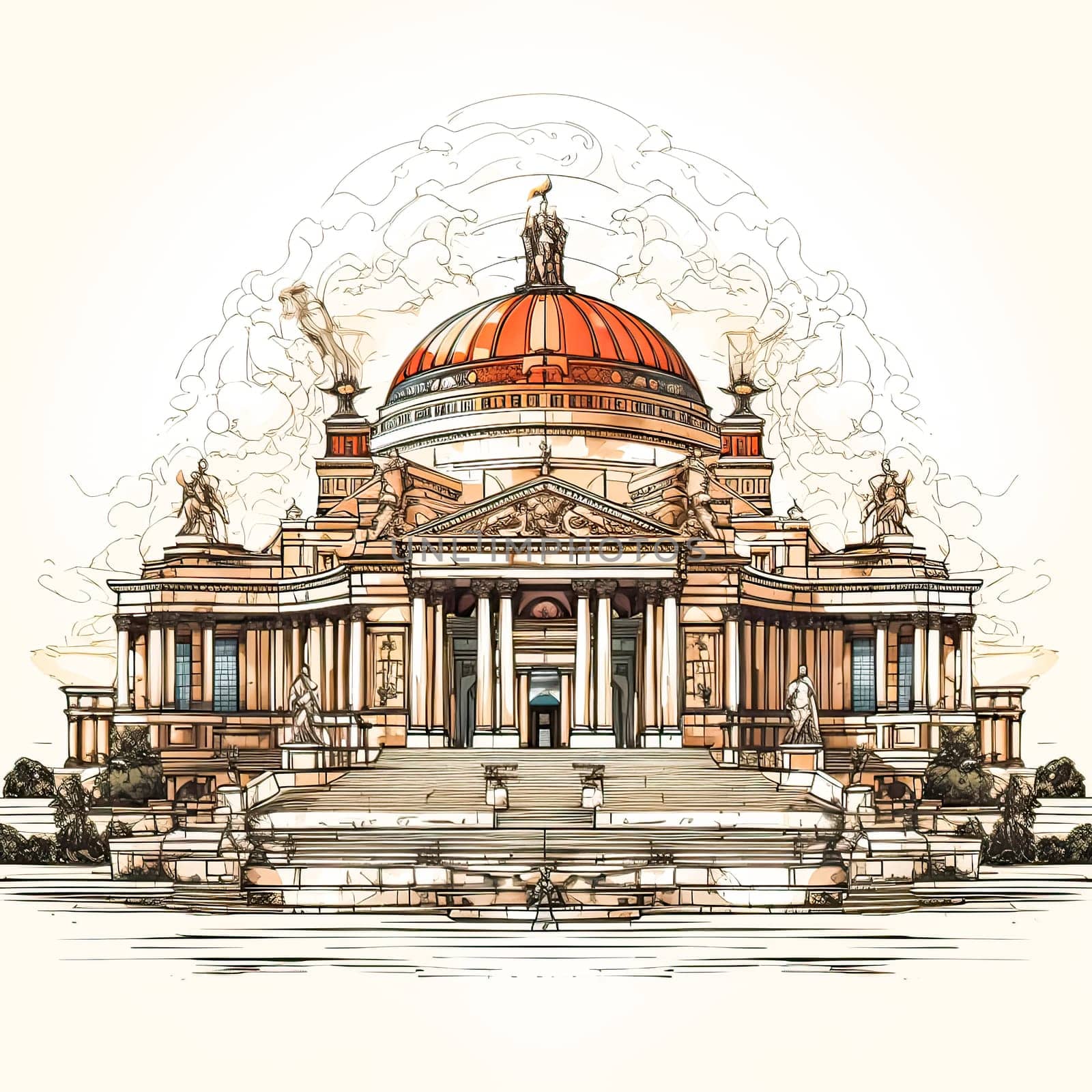 Timeless Beauty, A watercolor representation of an old Greek style temple, echoing the grandeur of the past