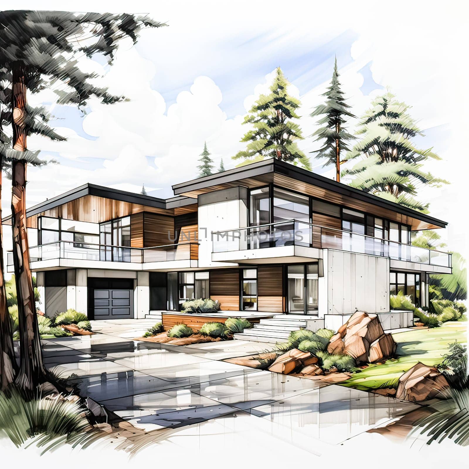 Modern Forest Retreat, A watercolor sketch of a contemporary house nestled amidst natures beauty.