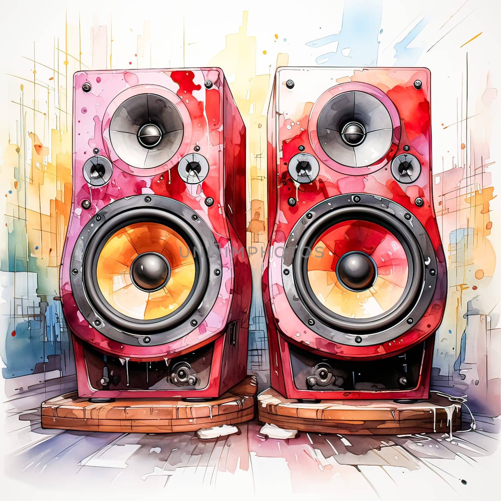 Artistic Sound, Watercolor liner sketch of musical speakers, merging music and creativity in an elegant portrayal