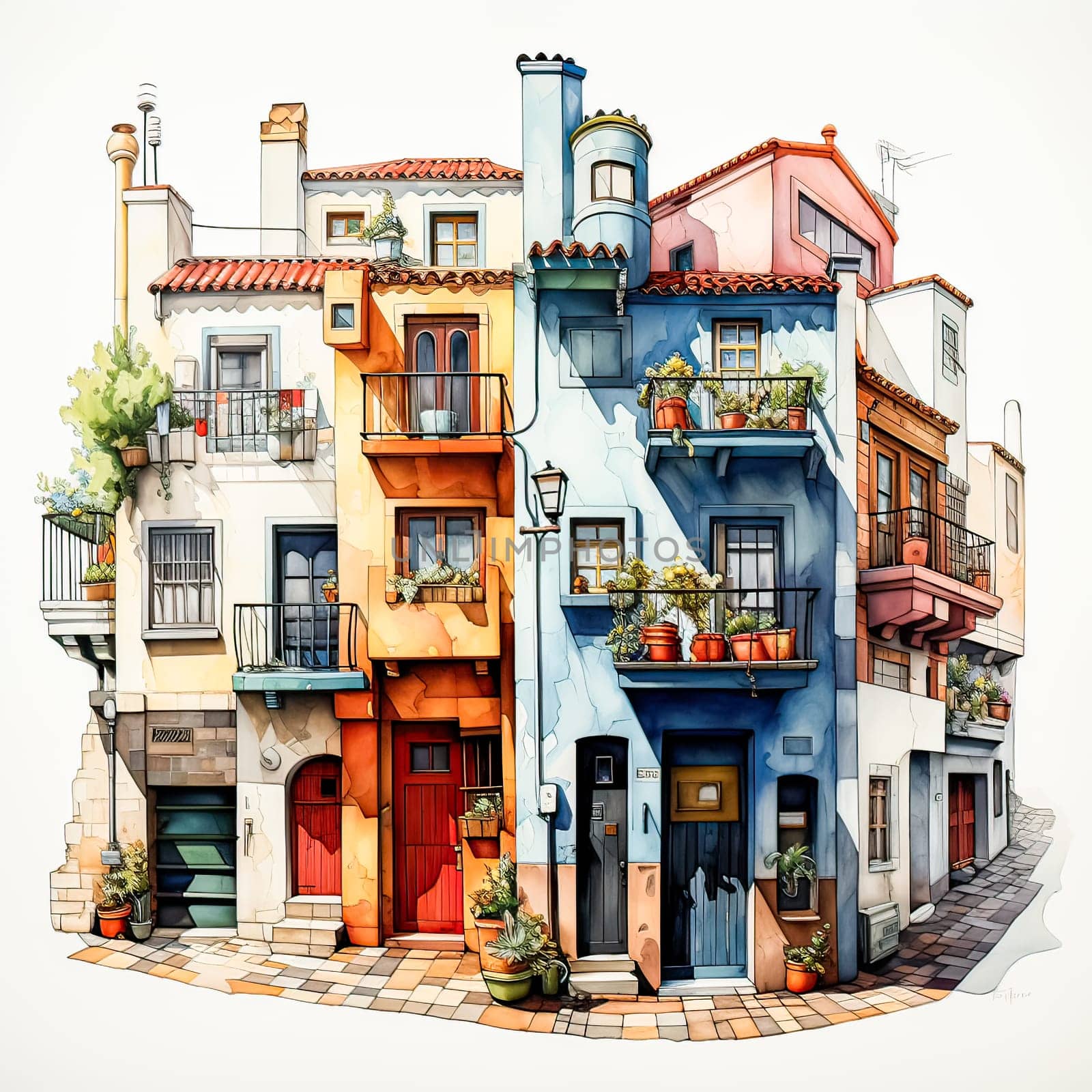 Sketching Elegance, Watercolor artwork showcases a street with Spanish style houses and multi colored interior design