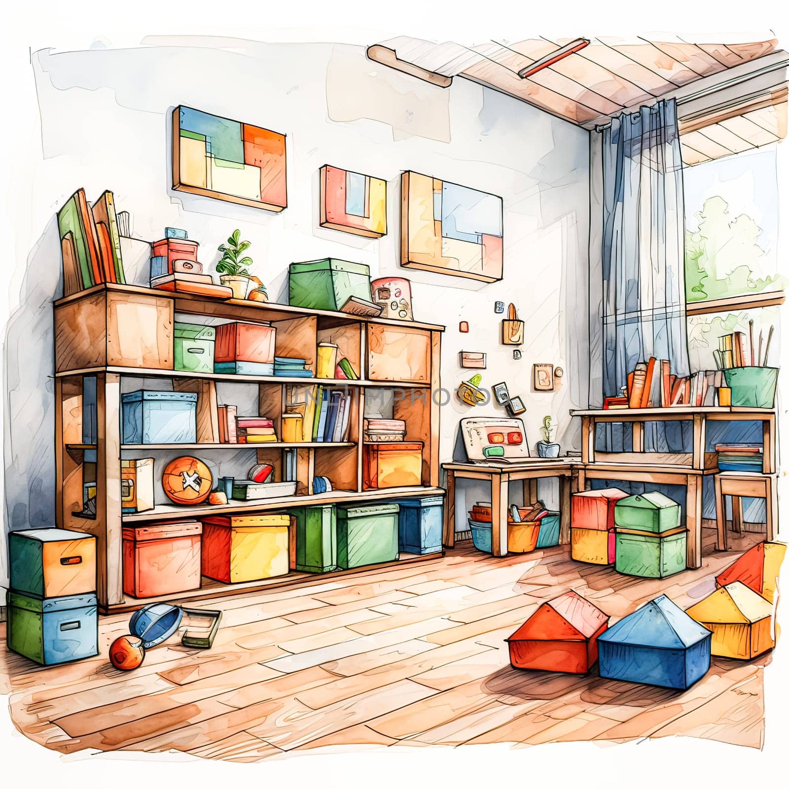 Sketch in watercolor liners captures a vibrant, multi colored childrens room by Alla_Morozova93