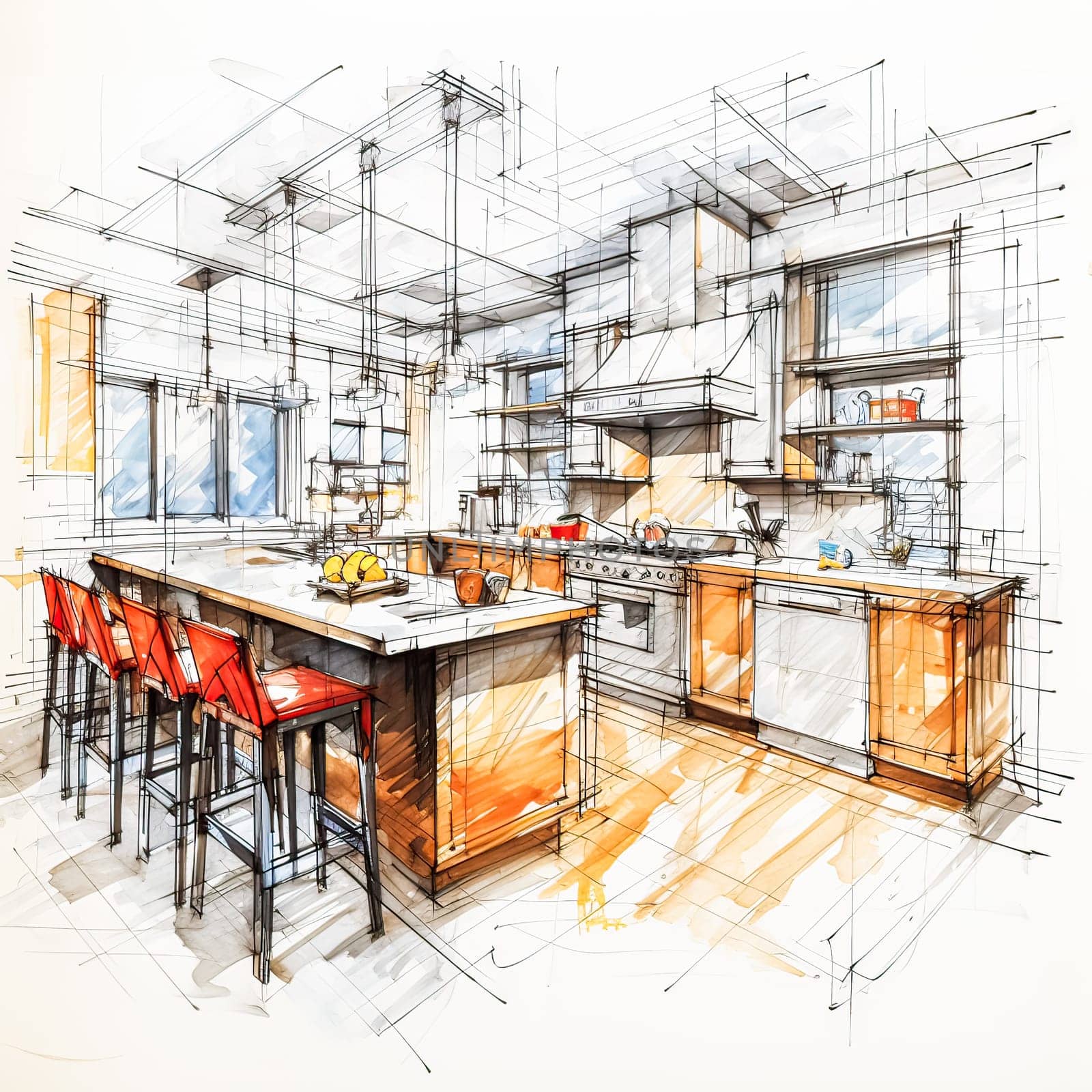 Sketching Elegance, Watercolor artwork showcases an American modern style kitchen, a blend of design and creativity