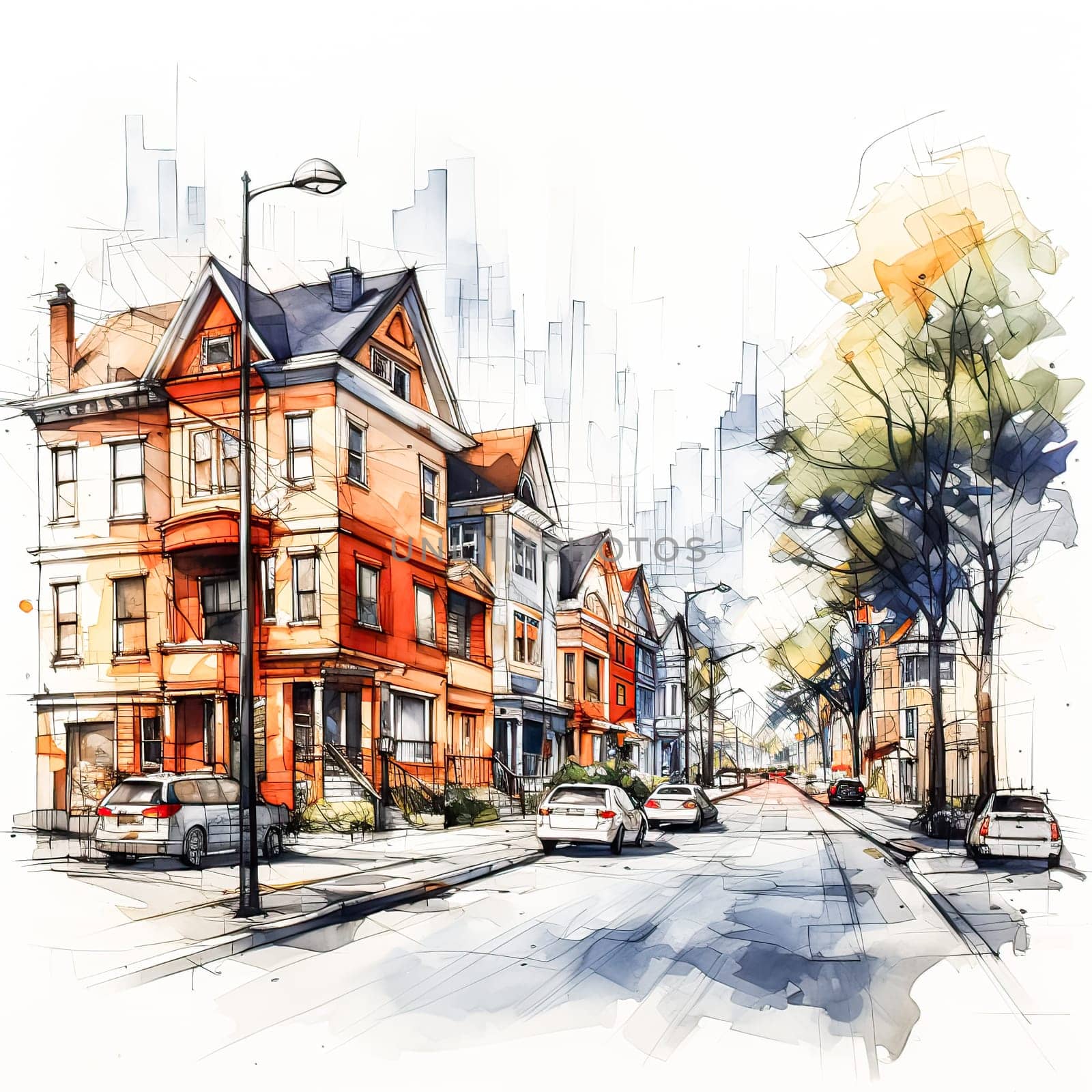 Architectural Harmony, Sketch in watercolor liners highlights the charm of multi colored houses in a quaint town