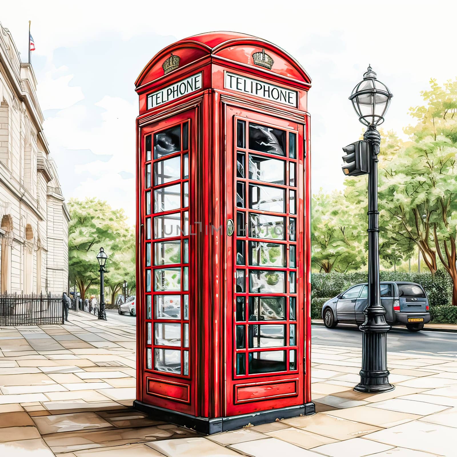 London Calling, Watercolor artwork featuring a red telephone booth in a picturesque urban street setting