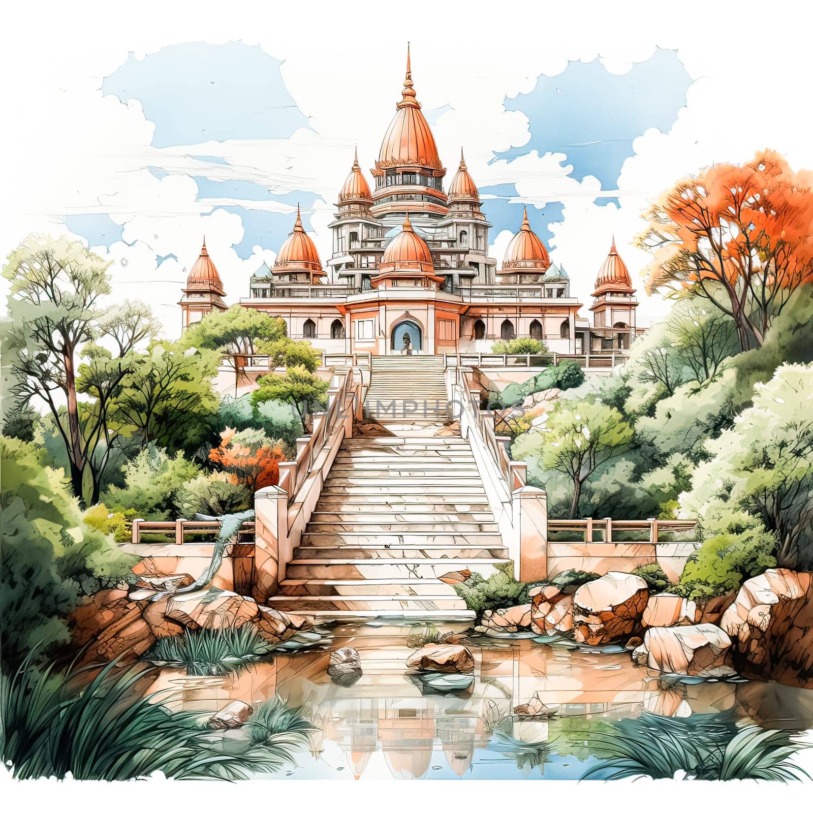 Artistic Oasis, A watercolor sketch captures the essence of an Indian style temple in the lap of nature