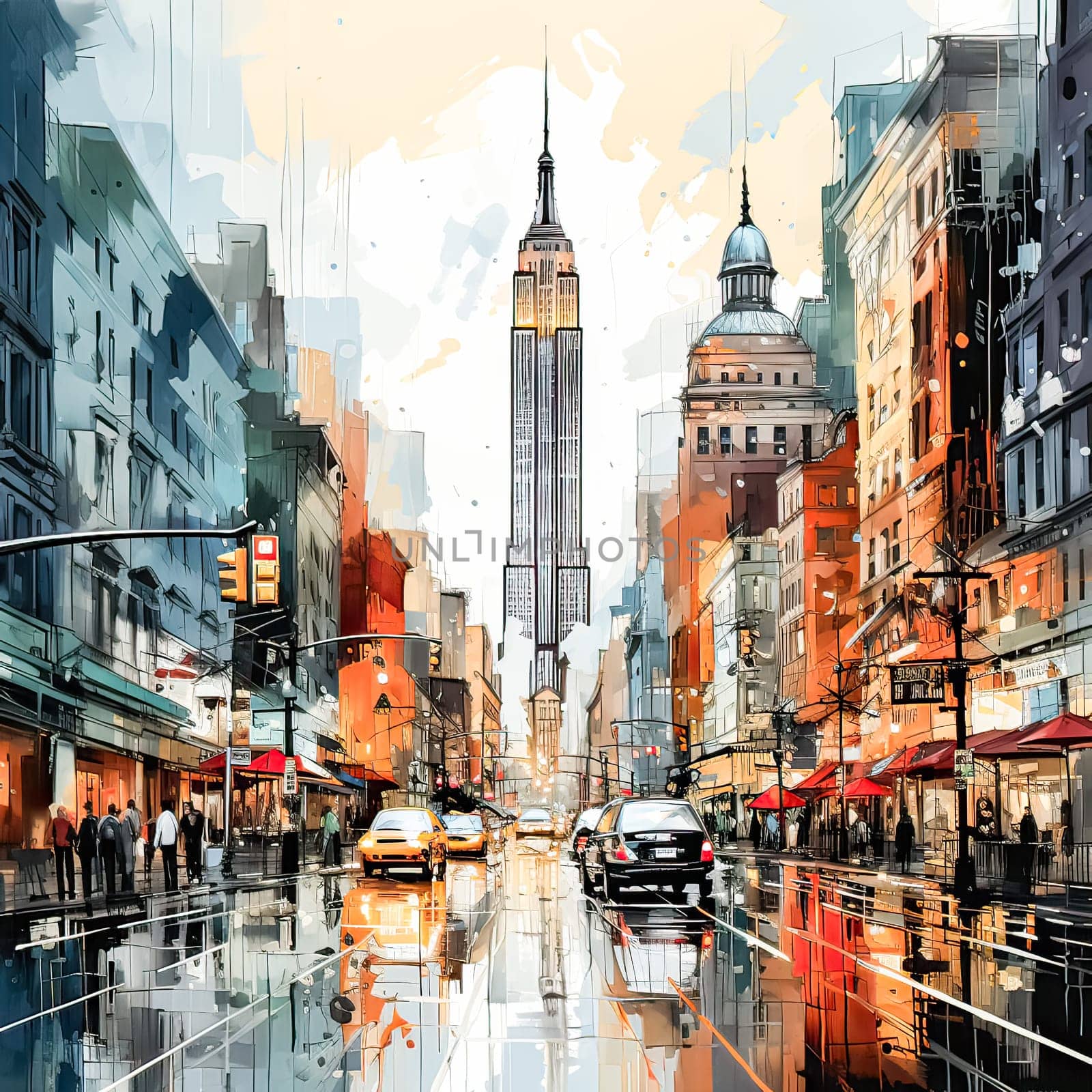 Artistic Cityscape, Watercolor sketch of bustling New York streets and majestic skyscrapers