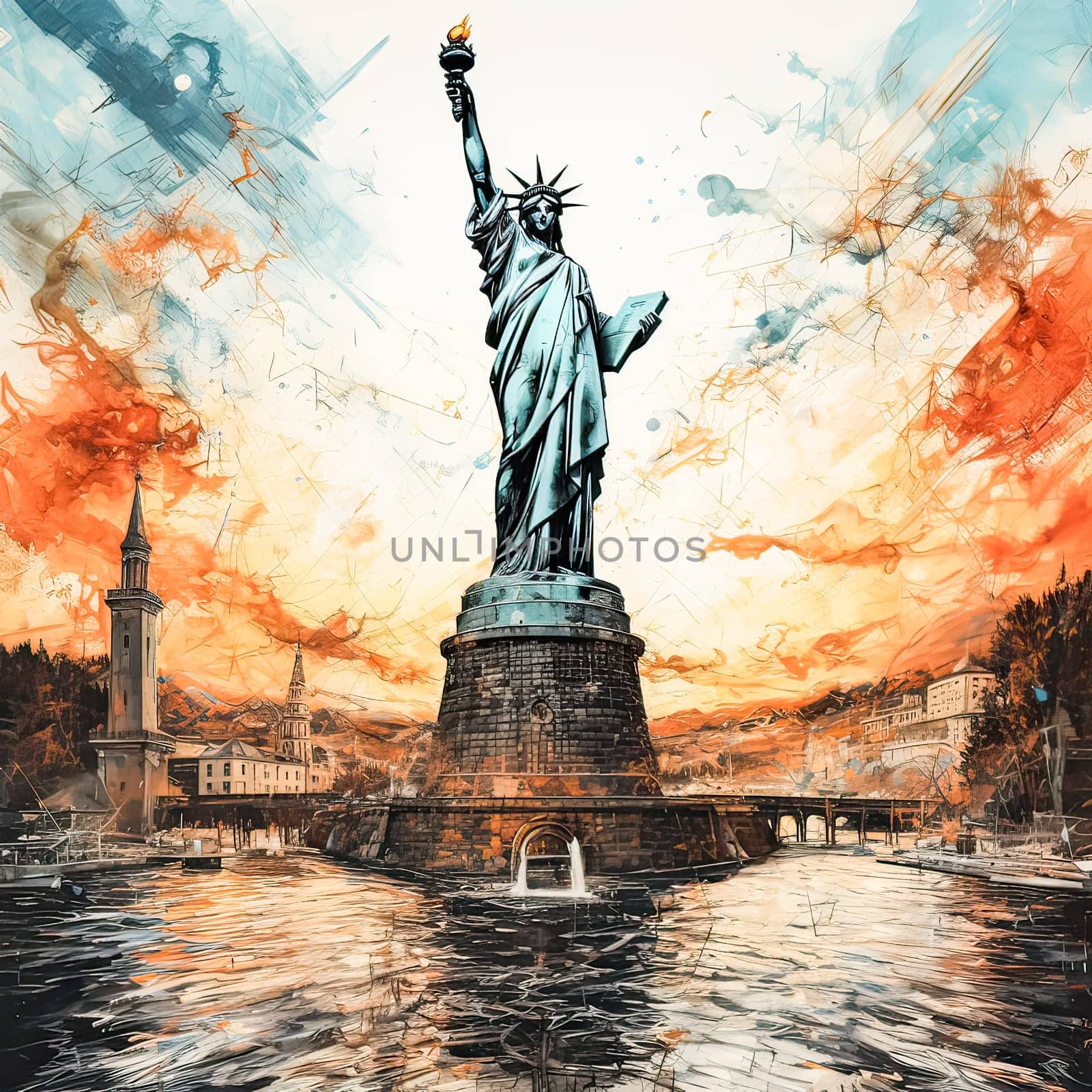 Liberty in Nature, A watercolor sketch melds the Statue of Liberty with the beauty of nature in a captivating landscape