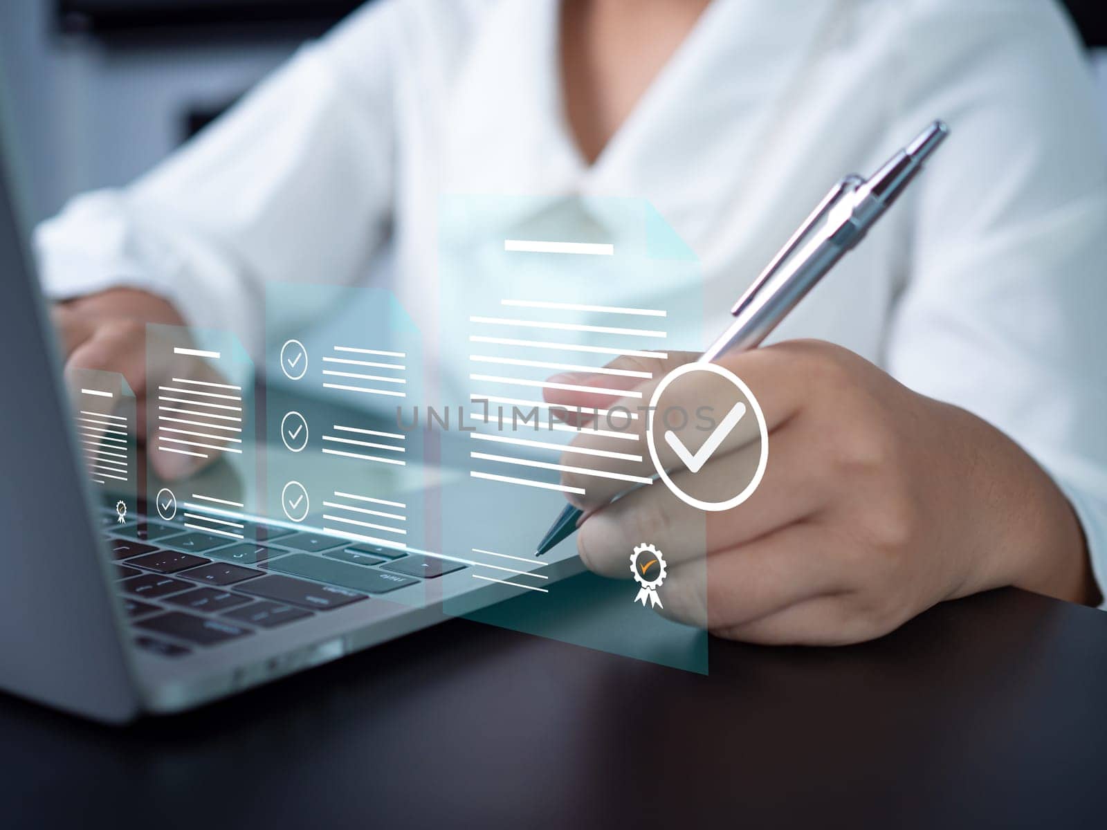 Businesswoman checks items and online survey form It represents the DMS document management system and quality control and inspection.