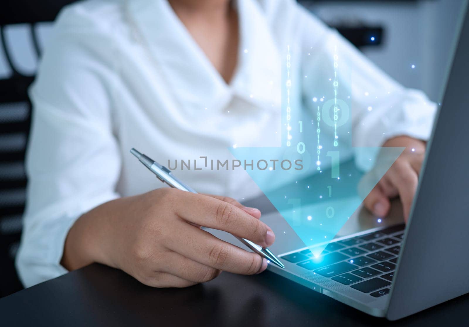 Businesswoman downloading business data from internet network showing usage of big data network and cloud computing system.