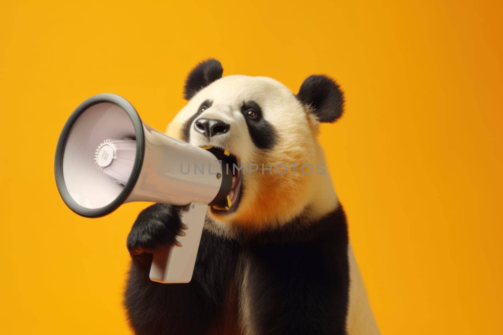 Panda with loudspeaker on yellow background.
