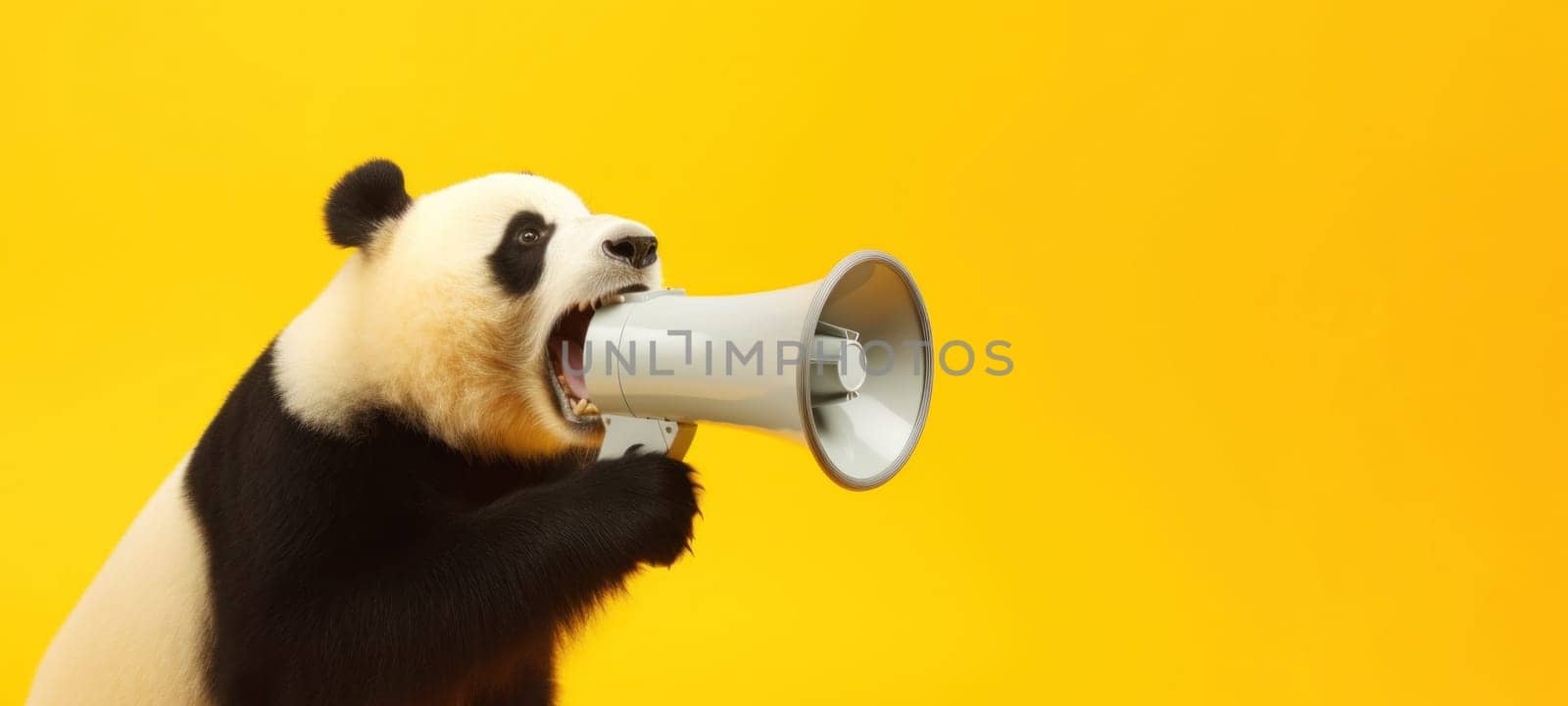 Panda with loudspeaker on yellow background.