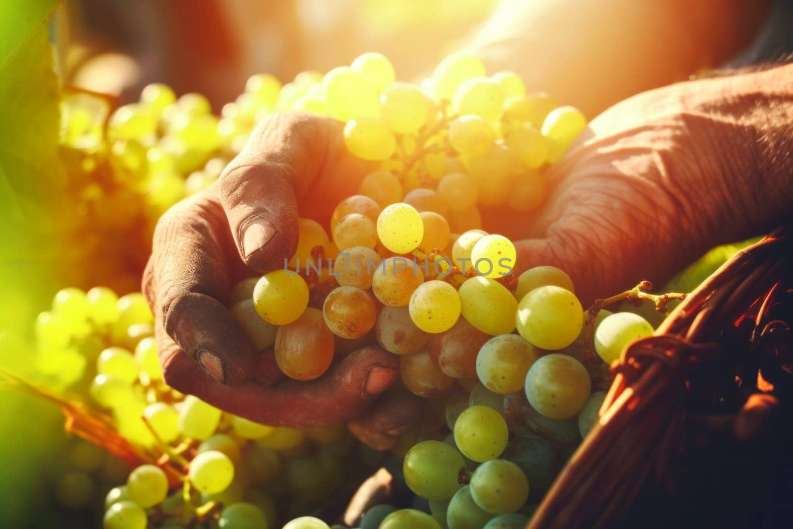 Farmer holds freshly picked ripe juicy grape in his hands by andreyz