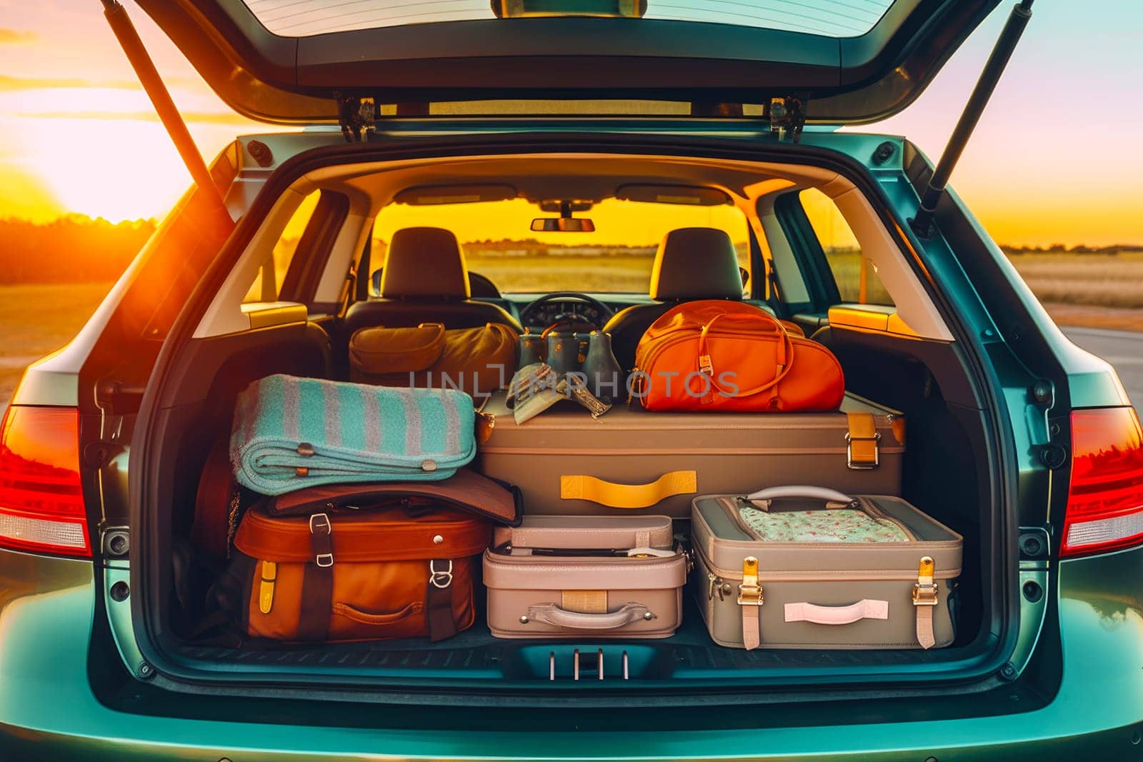 Retro car with luggage in trunk at sunset. Suitcases and bags in trunk of car ready to depart for holidays. Travel, vacation concept