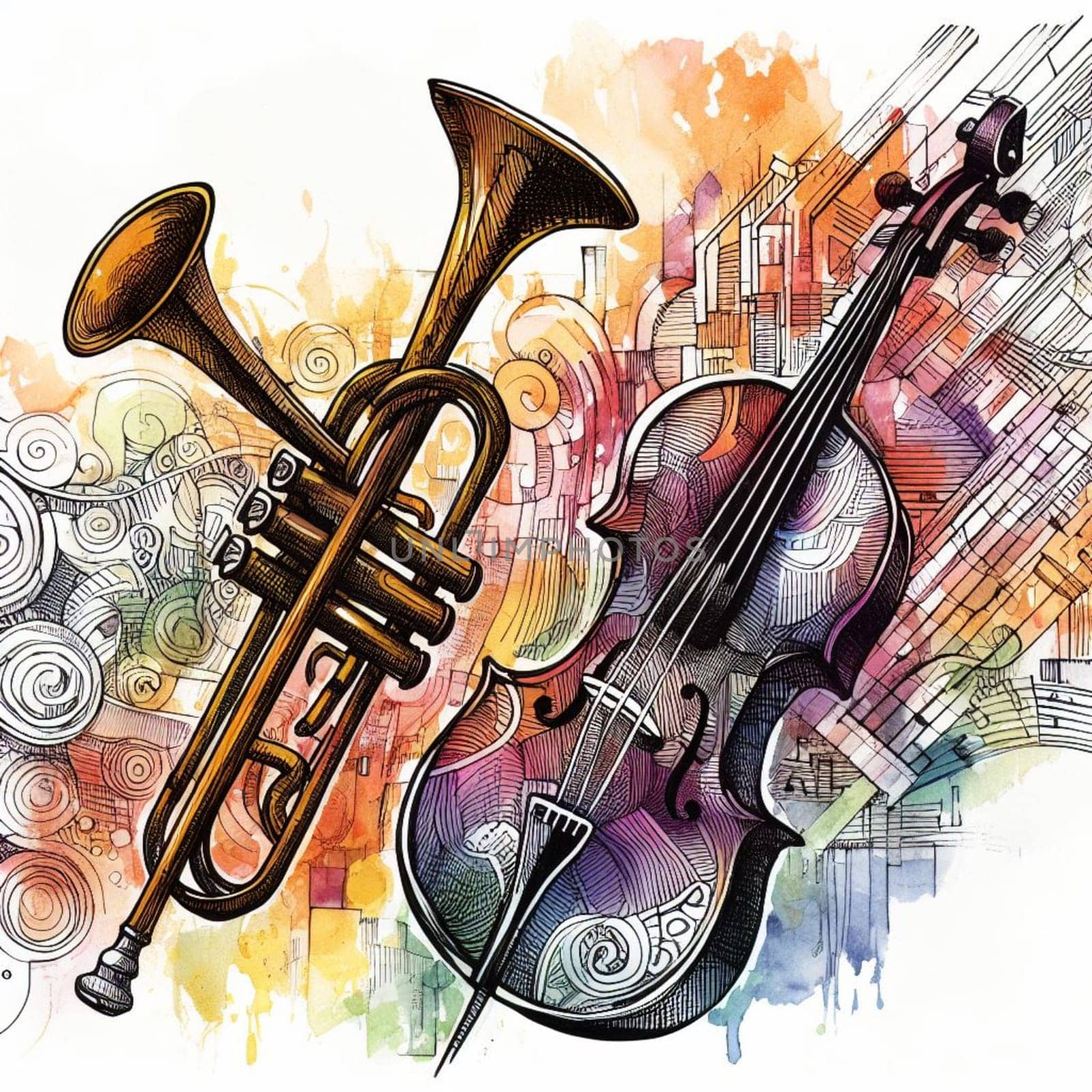music poster colored, musical instruments , jazz style , modern by verbano