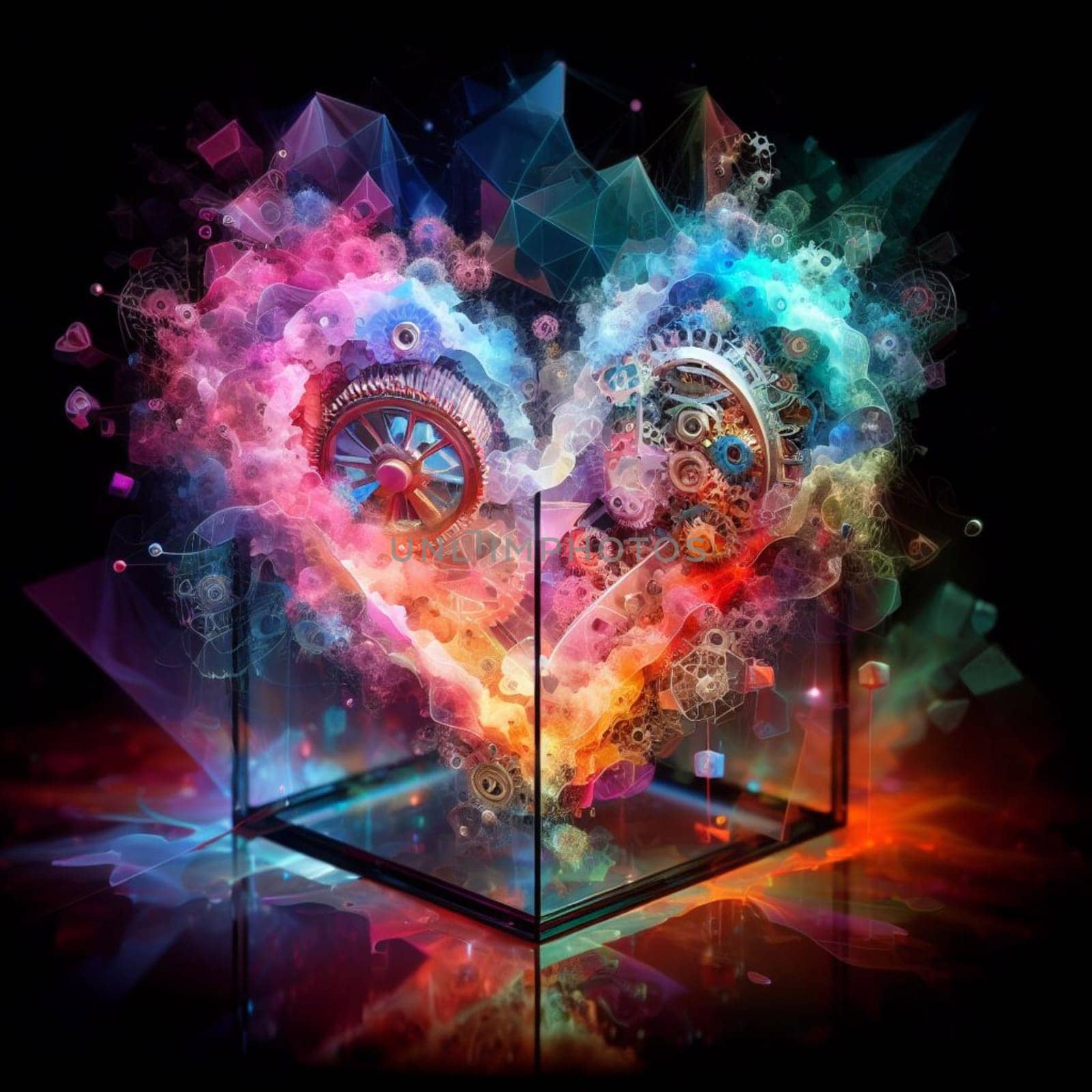 a color explosion of paint render a steampunk geared poly transparent heart - love concept generative ai art