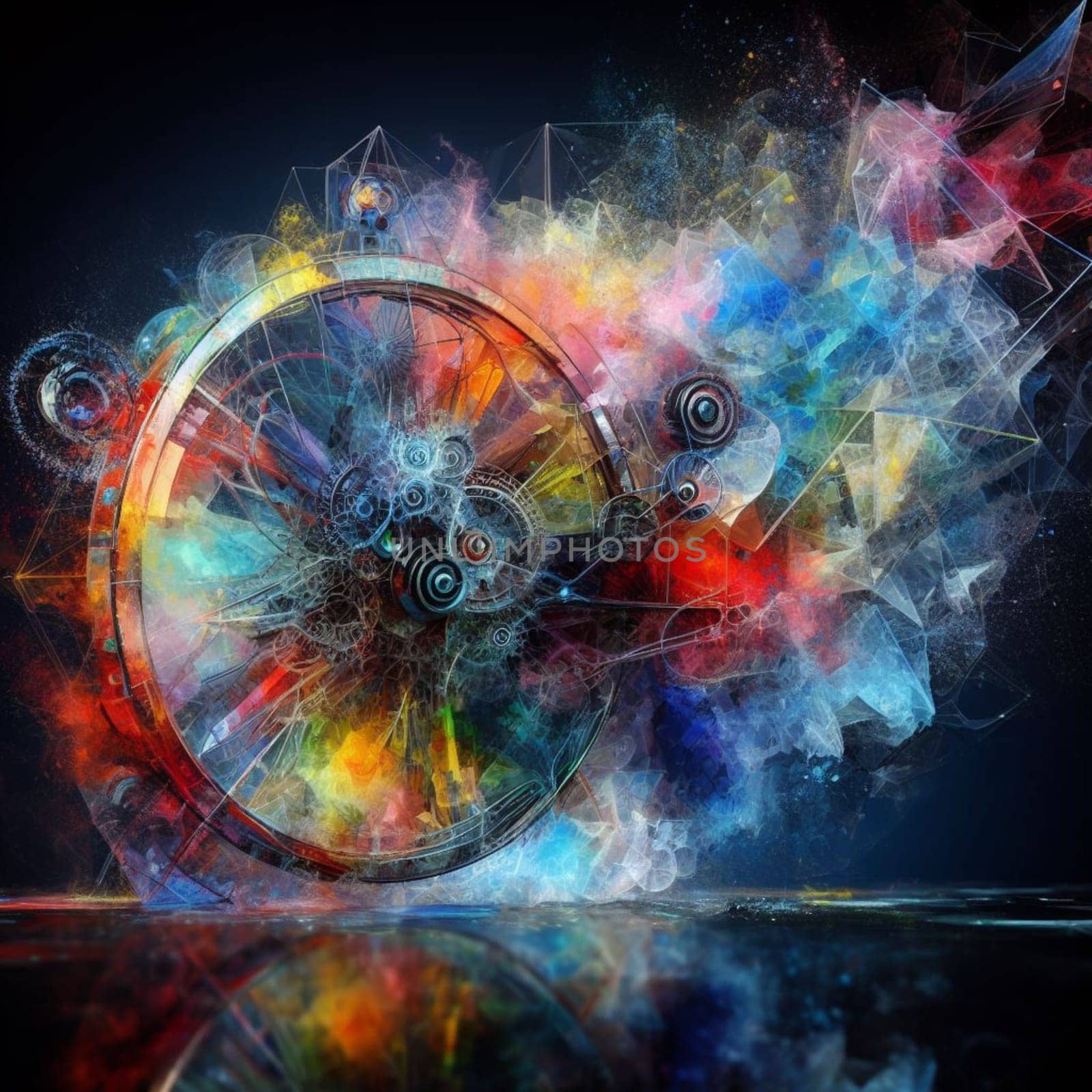a color explosion of paint render a steampunk geared poly and gears creation abstract scupture by verbano