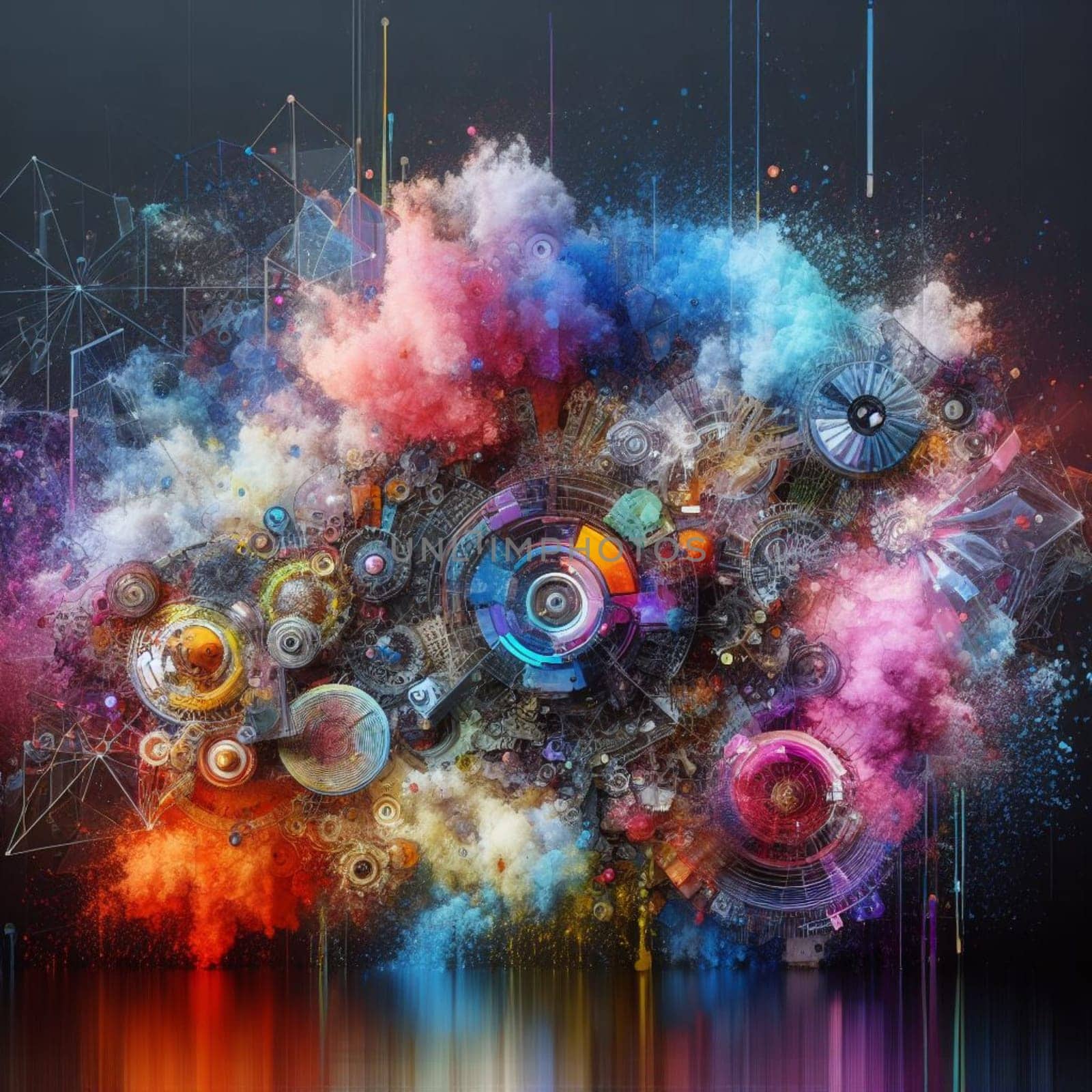 a color explosion of paint render a steampunk geared poly and gears creation abstract scupture generative ai art