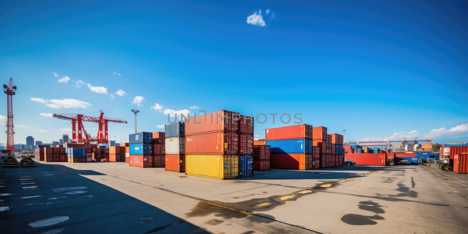 System transportation and logistics concept Top-down photography of industrial containers being loaded in a logistics port by Generative AI by wichayada